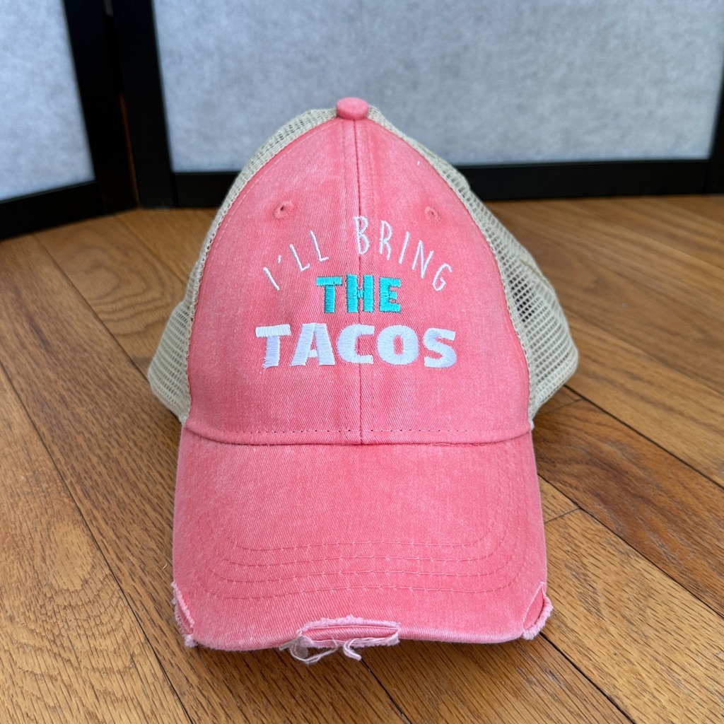 Ill Bring The Tacos Distressed Hat  Pink  Beige  Adams Brand  Adjustable